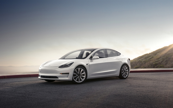 4k, Tesla Model 3, 2017 cars, white Model 3, electric cars, Tesla