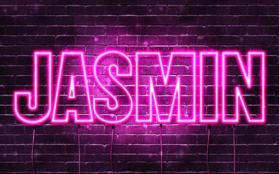 Jasmin, 4k, wallpapers with names, female names, Jasmin name, purple neon lights, Happy Birthday Jasmin, popular german female names, picture with Jasmin name