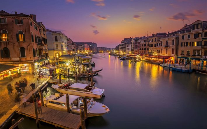 Veneza, noite, p&#244;r do sol, canais, barcos, marco, Veneza paisagem urbana, Veneto, It&#225;lia