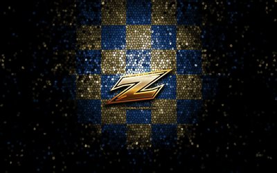 Akron Zips, glitter logo, NCAA, blue brown checkered background, USA, american football team, Akron Zips logo, mosaic art, american football, America
