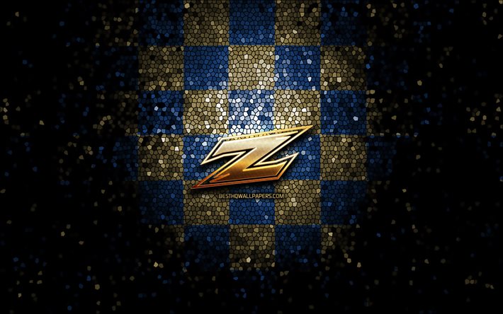 Akron Ziper, glitter logotipo, NCAA, azul marrom fundo quadriculado, EUA, time de futebol americano, Akron Ziper logotipo, arte em mosaico, futebol americano, Am&#233;rica