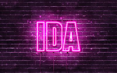 Ida, 4k, wallpapers with names, female names, Ida name, purple neon lights, Happy Birthday Ida, popular german female names, picture with Ida name