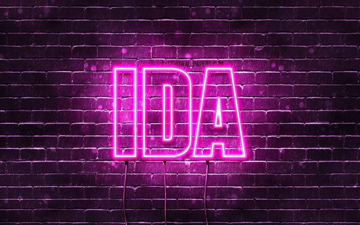Ida, 4k, wallpapers with names, female names, Ida name, purple neon lights, Happy Birthday Ida, popular german female names, picture with Ida name