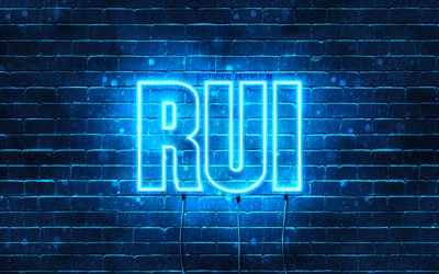 Rui, 4k, wallpapers with names, horizontal text, Rui name, Happy Birthday Rui, popular japanese male names, blue neon lights, picture with Rui name