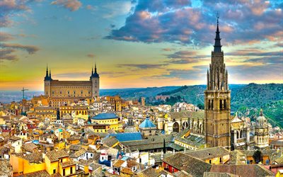 Toledo, Alcazar of Toledo, Toledo Cathedral, Primate Cathedral of Saint Mary of Toledo, HDR, evening, sunset, cathedral, Toledo cityscape, Spain