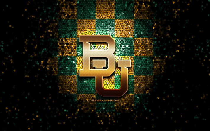 Baylor Friidrott, glitter logotyp, NCAA, gr&#246;n / gul rutig bakgrund, USA, amerikansk fotboll, Baylor Friidrott logotyp, mosaik konst, Amerika