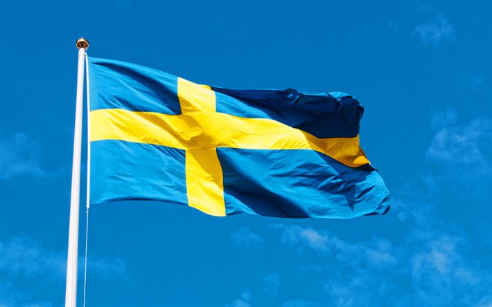 Flag of Sweden on a flagpole, Swedish flag, flag of Sweden, flagpole, blue sky, Sweden