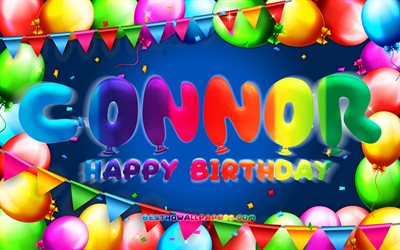 お誕生日おめでConnor, 4k, カラフルバルーンフレーム, Connor名, 青色の背景, Connorお誕生日おめで, Connor誕生日, 人気のアメリカの男性の名前, 誕生日プ, Connor
