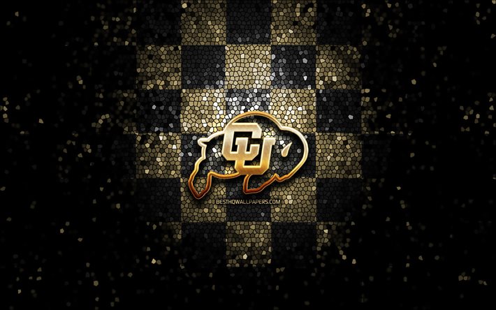 Colorado Bufflar, glitter logotyp, NCAA, brun-svart rutig bakgrund, USA, amerikansk fotboll, Colorado Bufflar logotyp, mosaik konst, Amerika