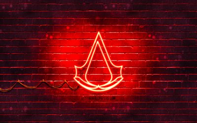 Assassins Creed red logo, 4k, red brickwall, Assassins Creed logo, 2020 games, Assassins Creed neon logo, Assassins Creed