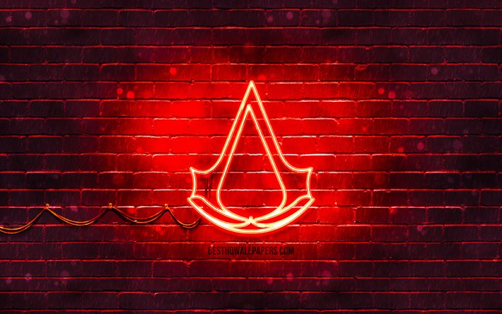 Assassins Creed logo rouge, 4k, rouge brickwall, Assassins Creed logo, jeux de 2020, Assassins Creed n&#233;on logo, Assassins Creed
