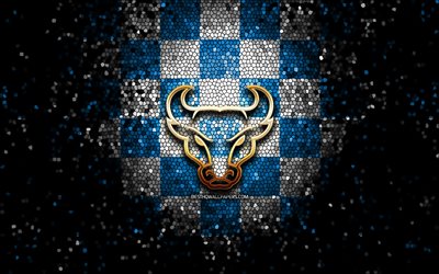Buffalo Bulls, glitter logo, NCAA, mavi beyaz kareli arka plan, ABD, Amerikan futbol takımı, Buffalo Bulls logo, mozaik sanatı, Amerikan Futbolu, Amerika