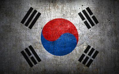 South Korean metal flag, grunge art, asian countries, Day of South Korea, national symbols, South Korea flag, metal flags, Flag of South Korea, Asia, South Korean flag, South Korea