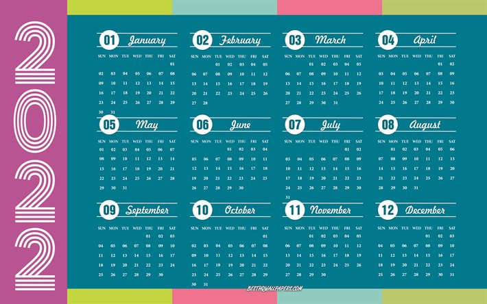 Calendario 2022, 4k, fondo abstracto, arte retro, calendario de todos los meses 2022, calendario del a&#241;o 2022