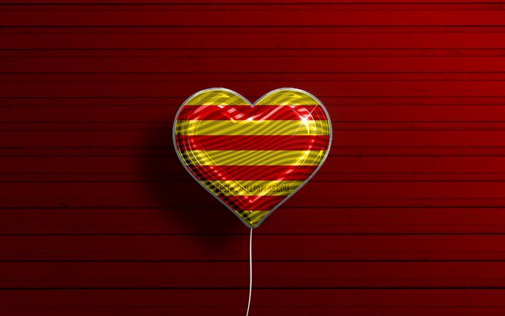 ich liebe katalonien, 4k, realistische ballons, roter holzhintergrund, tag von katalonien, gemeinschaften von spanien, flagge von katalonien, spanien, ballon mit flagge, spanische gemeinschaften, katalonien