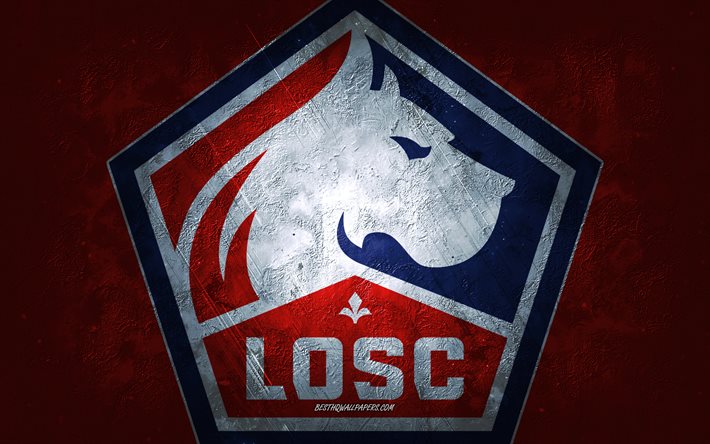 Lille OSC, equipo de f&#250;tbol franc&#233;s, fondo rojo, logotipo de Lille OSC, arte grunge, Ligue 1, Francia, f&#250;tbol, emblema de Lille OSC