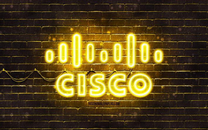 Logo giallo Cisco, 4k, muro di mattoni giallo, logo Cisco, marchi, logo neon Cisco, Cisco