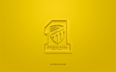 Al-Ittihad, creative 3D logo, yellow background, SPL, Saudi Arabian football Club, Saudi Professional League, Jeddah, Saudi Arabia, 3d art, football, Al-Ittihad 3d logo