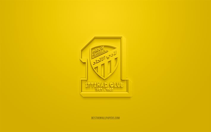 Al-Ittihad, logo 3D cr&#233;atif, fond jaune, SPL, club de football saoudien, Ligue professionnelle saoudienne, Djeddah, Arabie saoudite, art 3d, football, logo 3d Al-Ittihad