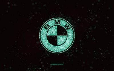 Logotipo com glitter da BMW, 4k, fundo preto, logotipo da BMW, arte com glitter turquesa, BMW, arte criativa, logotipo com glitter turquesa da BMW