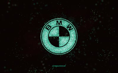 BMWキラキラロゴ, 4k, 黒の背景, BMWロゴ, ターコイズグリッターアート, BMW, クリエイティブアート, BMWターコイズグリッターロゴ