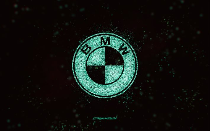 BMW glitter logo, 4k, black background, BMW logo, turquoise glitter art, BMW, creative art, BMW turquoise glitter logo