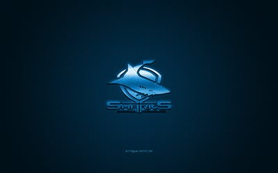 Cronulla-Sutherland Sharks, club de rugby australien, NRL, logo bleu, fond bleu en fibre de carbone, National Rugby League, rugby, Sydney, Australie, logo Cronulla-Sutherland Sharks
