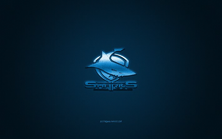 cronulla-sutherland sharks, australischer rugby-club, nrl, blaues logo, blauer kohlefaserhintergrund, national rugby league, rugby, sydney, australien, cronulla-sutherland sharks-logo
