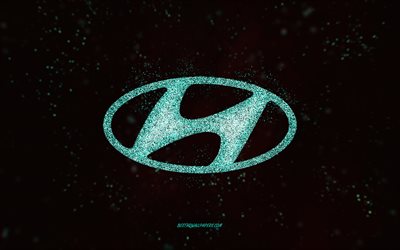Hyundai glitter logo, 4k, black background, Hyundai logo, turquoise glitter art, Hyundai, creative art, Hyundai turquoise glitter logo