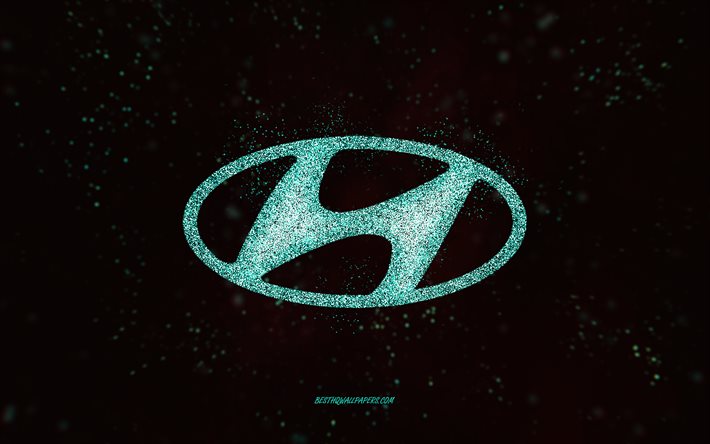 Hyundai logo glitter, 4k, sfondo nero, logo Hyundai, arte glitter turchese, Hyundai, arte creativa, logo Hyundai turchese glitter