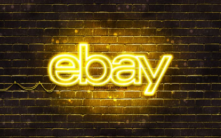 Logo jaune Ebay, 4k, mur de briques jaune, logo Ebay, marques, logo n&#233;on Ebay, Ebay