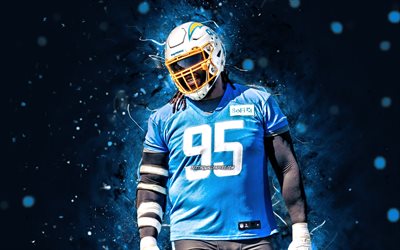 Linval Joseph, 4k, NFL, defensive tackle, Los Angeles Chargers, american football, LA Chargers, blue neon lights, Linval Joseph LA Chargers, Linval Joseph 4K