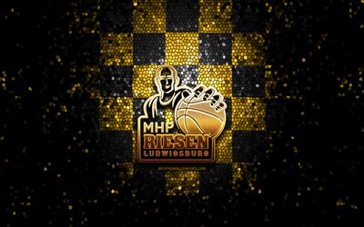 Riesen Ludwigsburg, logotipo glitter, BBL, fundo amarelo preto xadrez, basquete, clube de basquete alem&#227;o, logotipo Riesen Ludwigsburg, arte em mosaico, Basketball Bundesliga