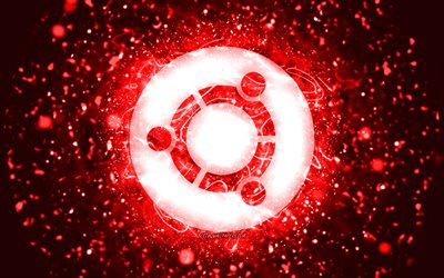 Logo rouge Ubuntu, 4k, n&#233;ons rouges, Linux, cr&#233;atif, fond abstrait rouge, logo Ubuntu, OS, Ubuntu