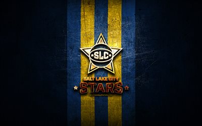 Salt Lake City Stars, logotipo dourado, NBA G League, fundo de metal azul, time americano de basquete, logotipo Salt Lake City Stars, basquete, EUA