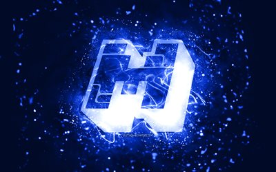 Logotipo azul escuro do Minecraft, 4k, luzes de n&#233;on azul escuro, criativo, fundo abstrato azul escuro, logotipo do Minecraft, jogos online, Minecraft