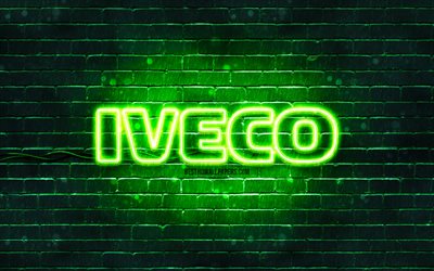 Iveco green logo, 4k, green brickwall, Iveco logo, cars brands, Iveco neon logo, Iveco