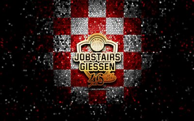 Giessen 46ers, logotipo glitter, BBL, fundo xadrez branco vermelho, basquete, clube de basquete alem&#227;o, logotipo Giessen 46ers, arte em mosaico, Basketball Bundesliga
