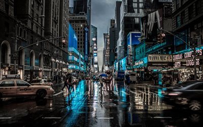 manhattan, chuva, rua, t&#225;xi, noite, nova york, eua