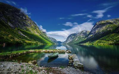 boot, pier, berge, norwegen, fjorde, sommer, sch&#246;nheit