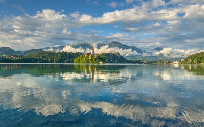 bosque, verano, monta&#241;as, el lago bled, iglesia de la asunci&#243;n, belleza, alpes julianos, eslovenia