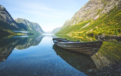fjord, mountains, pier, shore, boat, norway