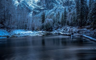neve, rio de montanha, inverno, crep&#250;sculo, floresta, montanhas