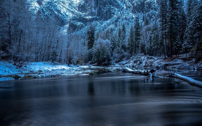 schnee, mountain river, winter, twilight, wald, berge