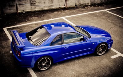 r34, sports cars, tuning, coupe, blue skyline