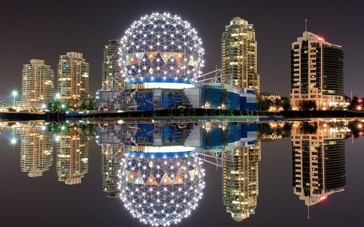 lights, vancouver, canada, night, reflection, skyscrapers