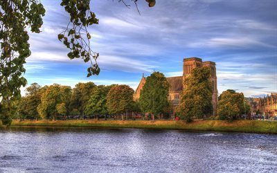 sunset, inverness, inverness cathedral, evening city, river, scotland