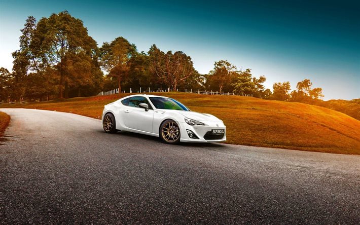 road, supercars, 2015, toyota gt86, white toyota, sunset