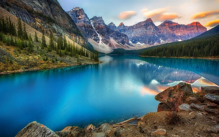 mountains, summer, moraine lake, forest, sunset, canada