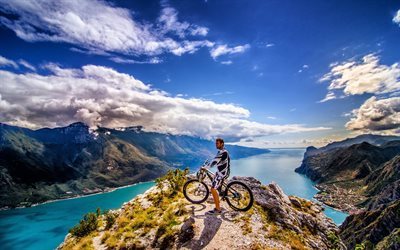 mountain bike, cyclist, top of mountain, summer